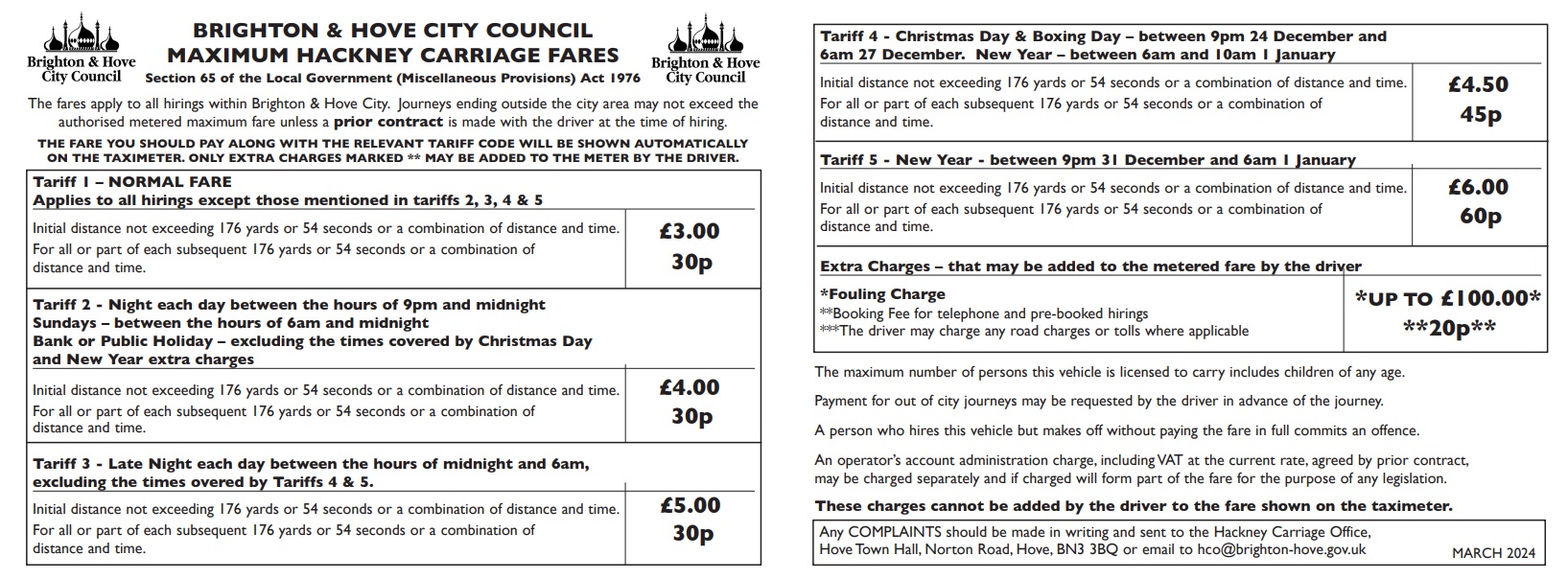 Brighton & Hove Taxi Tariff March 2024